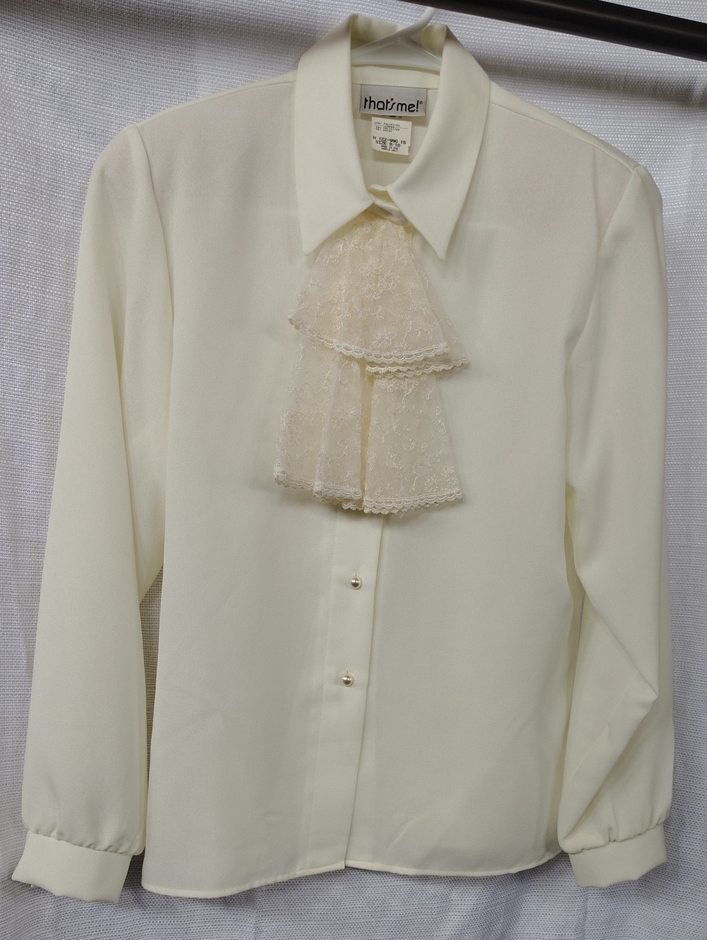 VTG Cream Lace Ruffle Front Shirt Pearl Buttons Size 9/10 Shoulder Pads